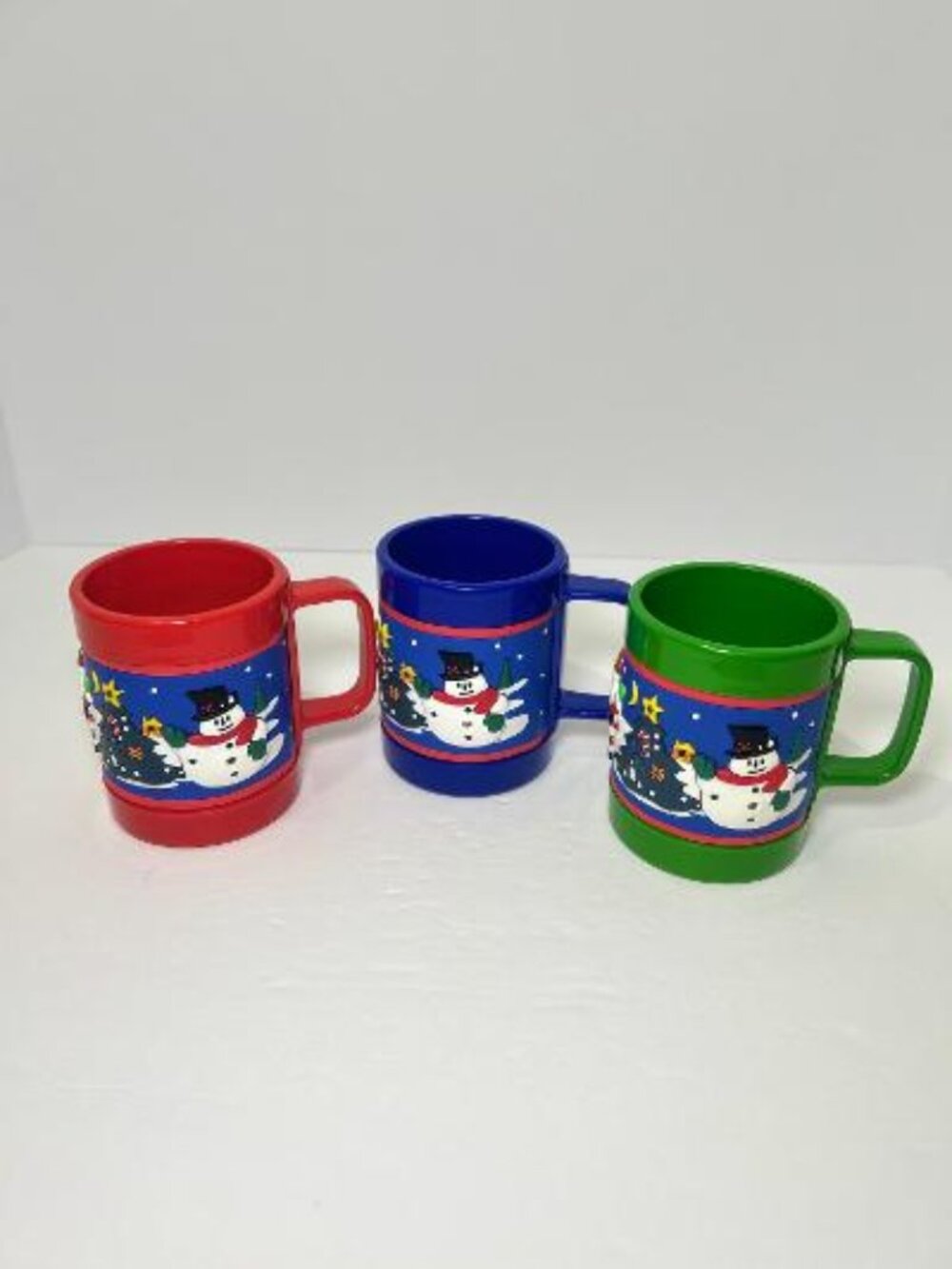 Christmas Mugs Cups 3D Molded Rubber Hard Plastic Santa Claus Snowman Lot Of 3